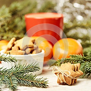 NewYear. Gingerbread Cookie. Orange tangerines. Spruce branch