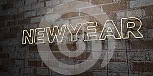 NEWYEAR - Glowing Neon Sign on stonework wall - 3D rendered royalty free stock illustration