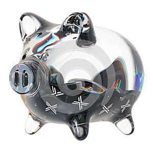 Nexo (NEXO) Clear Glass piggy bank with decreasing piles of crypto coins.
