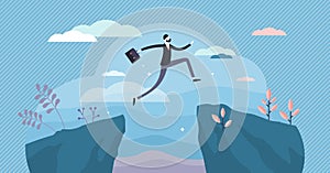 Next big business leap, businessman jumping over a cliff gorge. Flat tiny person vector illustration