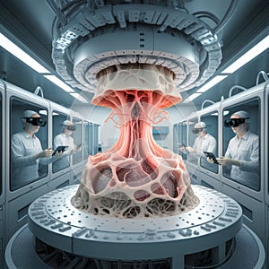 A next?gen bioprinter layers vascularized tissue structures in a sterile clean room, photo