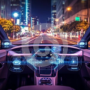 Next-Gen Smart Car: Cutting-Edge HUD Technology in Autonomous Vehicle on Busy City Road