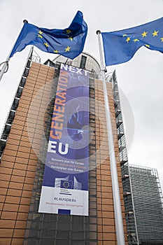 `Next Generation EU` banner on the front of the headquarters of the European Commission