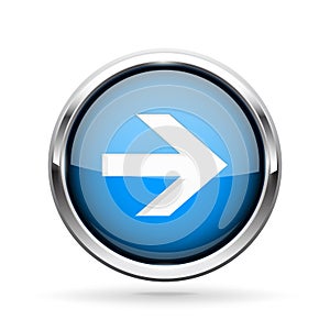 Next icon. Blue shiny 3d button with metal frame and white arrow