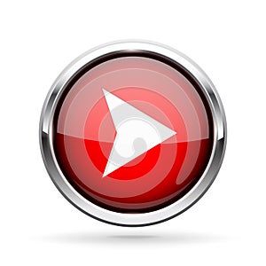Next icon. Red shiny 3d button with metal frame and white arrow