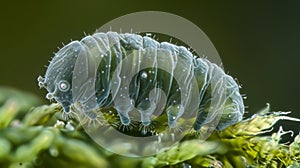 In the next image the focus is on a single solitary tardigrade clinging to a blade of green moss. Its pudgy body and