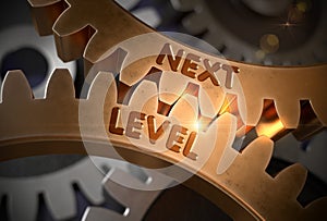 Next Level on Golden Metallic Gears. 3D Illustration. photo