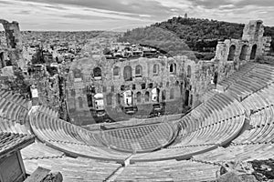 Next Odeon of Herodes Atticus in black and white, Athens, Greece