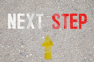 Next steps progress concept with chalk text and direction arrows on blackboard or chalkboard.