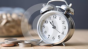 Next to a clock is a pile of coins, symbolizing the phrase \