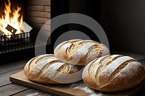 Next to a cozy fireplace, you\'ll find a trio of freshly baked loaves of bread resting on a wooden cutting board.