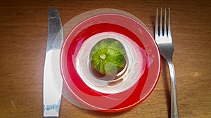 Next to a knife and fork, as if greedy people want to devour planet earth