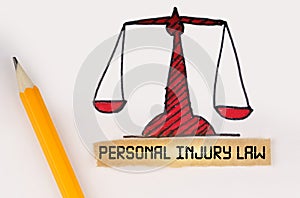 Next to the painted scales of justice lies a pencil and a strip of paper with the inscription - Personal Injury Law