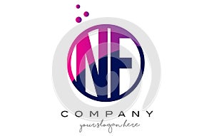 NF N F Circle Letter Logo Design with Purple Dots Bubbles photo
