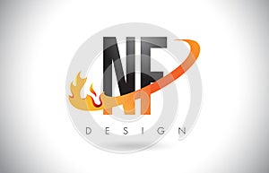 NF N F Letter Logo with Fire Flames Design and Orange Swoosh. photo