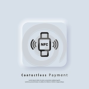 NFC bracelet connected to smartphone linear icon. NFC phone synchronized with smartwatch. RFID wristband. Contactless Payment icon