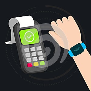 nfc cashless transaction proccess with payment terminal and smart watch illustration photo