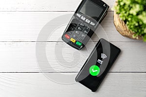 Nfc contactless payment with phone. copy space