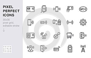 NFC line icon set. Near Field Communication technology, contactless payment, card with chip minimal vector illustration