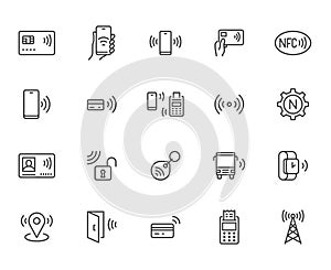 NFC line icon set. Near Field Communication technology, contactless payment, card with chip minimal vector illustration