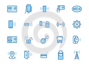 NFC line icon set. Near Field Communication technology, contactless payment, card with chip minimal vector illustration
