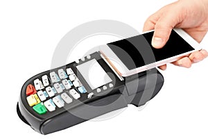 NFC payment concept. Unrecognizable person uses contactless payment with smart phone and terminal, uses NFC technology. Customer u