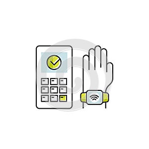 NFC Payment made through watch. Hand holding chip card. Pay or making a purchase contactless or wireless manner via POS Terminal