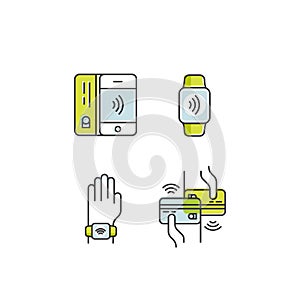 NFC Payment made through watch. Hand wearing wristband. Mobile Pay or making a purchase contactless or wireless manner via POS Ter