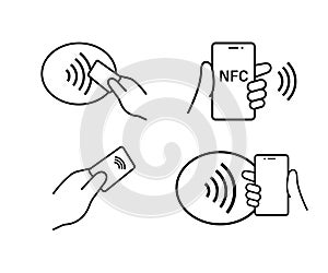 NFC payment with smartphone set icons. NFC Technology icon collection. Contactless NFC payment sign. Stock vector