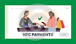 NFC Technologies Landing Page Template. Contactless Payment with Card Reader Machine. Female Character in Supermarket