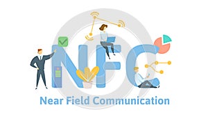 NFC technology, near field communication. Concept with keywords, letters and icons. Flat vector illustration. Isolated