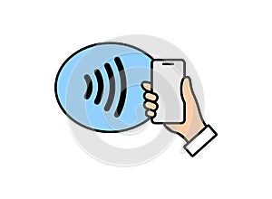 NFC technology vector icon. Hand handing Phone, Smartphone, wawe simple filled sign. Near Field Communication