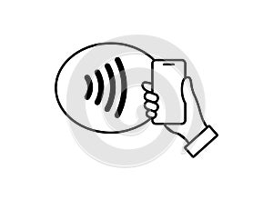 NFC technology vector icon. Hand handing Phone, Smartphone, wawe simple line outline sign. Near Field Communication photo