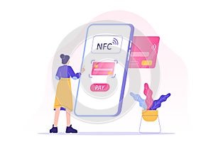 NFC wireless payment technology concept. Young woman using NFC to make payment. Mobile phone contactless payment. Online