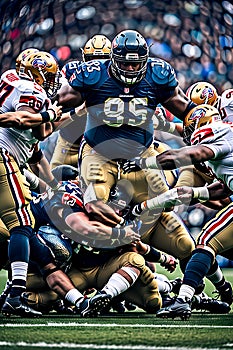 an NFL defensive lineman bursting through the offensive line, arms outstretched