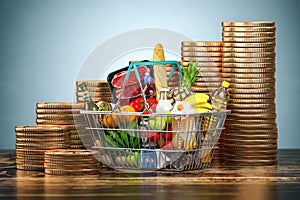 Nflation, growth of food sales or growth of market basket or consumer price index concept. Shopping basket with foods and coin