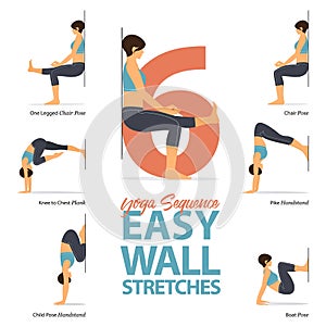Nfographic of 6 Yoga poses for stretch in flat design. Beauty woman is doing exercise for body stretching. Vector.