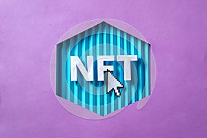 NFT 3D letters and mouse arrow as a concept of blockchain technologies of the future for sale in the virtual marketplace