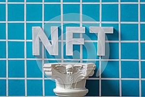 NFT 3D text and antique column in cyber space in the style of vaporwave. Minimal digital art concept