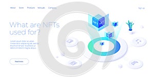 NFT abstract concept illustration in isometric design. Non-fungible token blockchain or marketplace. Cryptographic technology web