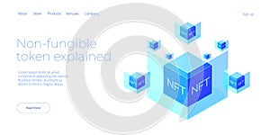 NFT abstract concept illustration in isometric design. Non-fungible token blockchain or marketplace. Cryptographic technology web