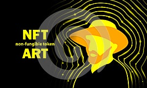 NFT art banner with Vincent Van Gogh in a straw hat. Abstract neon digital art with Vincent Van Gogh self-portrait