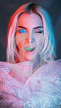 Nft art digital beauty neon cyborg woman glitch
