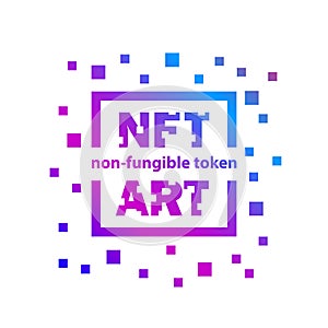 NFT art icon with frame and square pixel particles around.