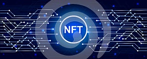 NFT banner of crypto art with pcb tracks. NFT non fungible token on blue background. Crypto art - vector