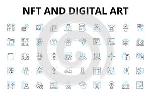 NFT and digital art linear icons set. Cryptocurrency, Blockchain, Tokenization, Digital, Arrk, Ownership, Authenticity