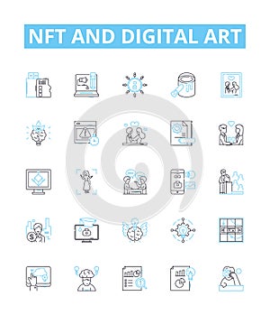 NFT and digital art vector line icons set. NFT, Digital, Art, Cryptocurrency, Blockchain, Digitalized, Marketplace