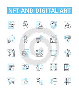 NFT and digital art vector line icons set. NFT, Digital, Art, Cryptocurrency, Blockchain, Digitalized, Marketplace