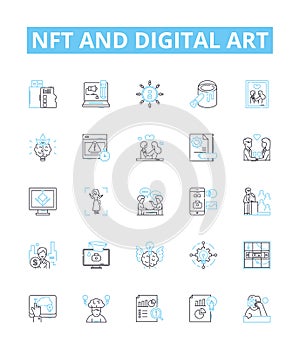 NFT and digital art vector line icons set. NFT, Digital, Art, Cryptocurrency, Blockchain, Digitalized, Marketplace photo