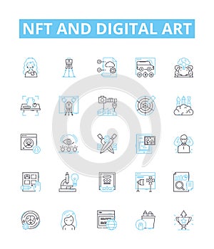 NFT and digital art vector line icons set. NFT, Digital, Art, Cryptocurrency, Blockchain, Digitalized, Marketplace photo